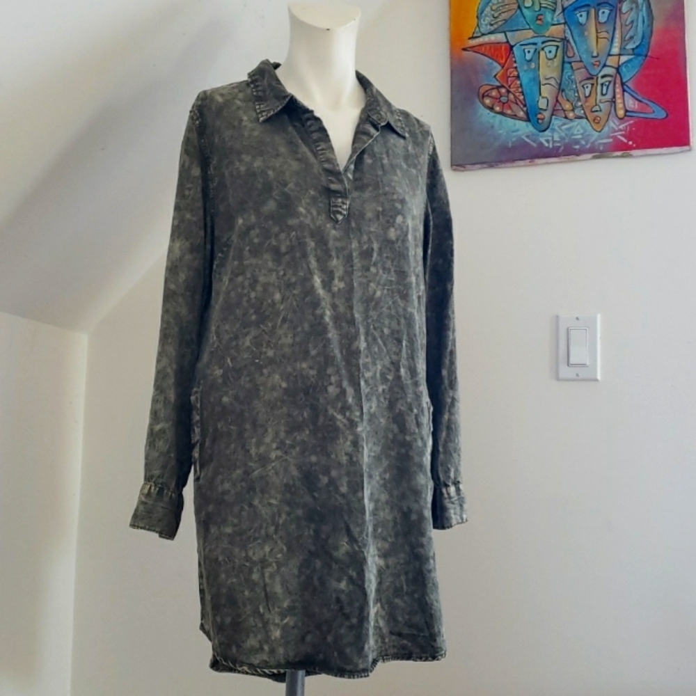 Velvet Heart Women's Olive Green Camouflage Shirt Dress Tunic roll tab, Size M